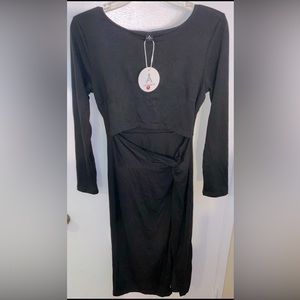 NWT Anrabess Black Long Sleeve Dress Midrift Cut Out Twist Skirt w/Slit - Small